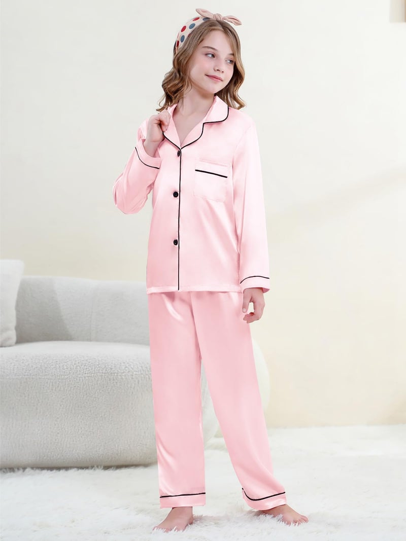 Umeyda Girls Pajamas Set, 2 Piece PJS Set Satin Silk Button Down Sleepwear Loungewear Outfit for Teen Kids Boys Girls, Baby Pink, 9-10 Years = Tag 150 - Image 3